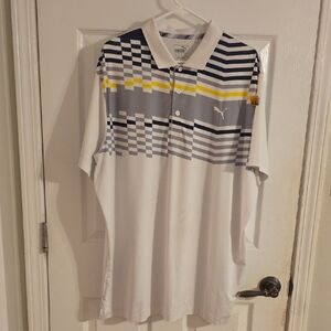 Puma Men's White, Blue, and Yellow Polo Shirt